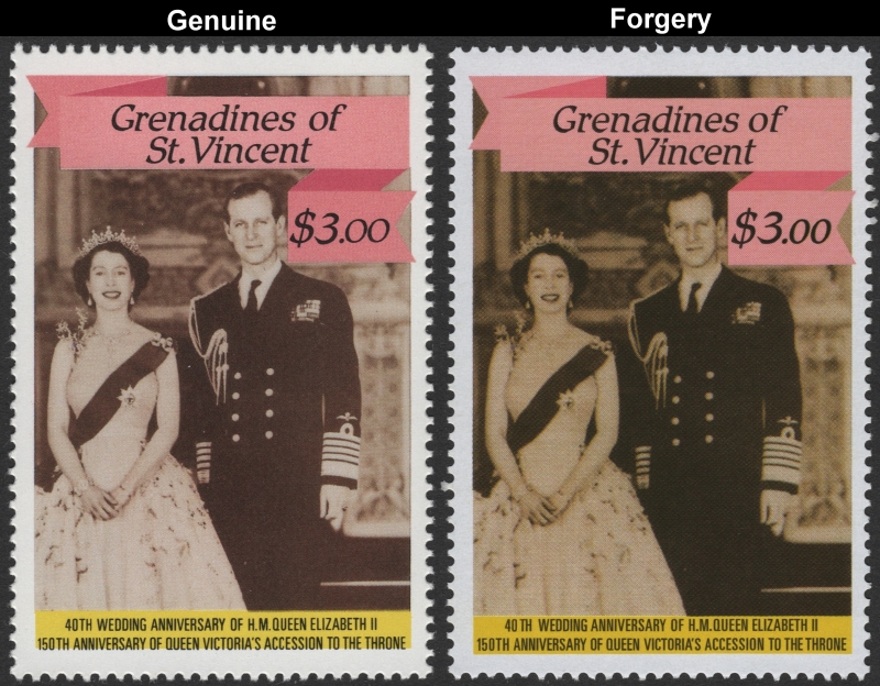 Saint Vincent Grenadines 1987 Queen Elizabeth 40th Wedding Anniversary $3.00 Forgery Stamp with Genuine Stamp Comparison
