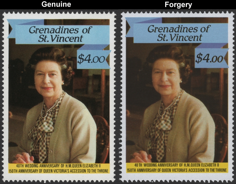 Saint Vincent Grenadines 1987 Queen Elizabeth 40th Wedding Anniversary $4.00 Forgery Stamp with Genuine Stamp Comparison