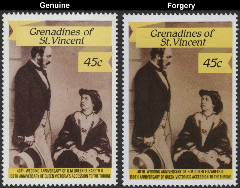 Saint Vincent Grenadines 1987 Queen Elizabeth 40th Wedding Anniversary 45c Forgery Stamp with Genuine Stamp Comparison