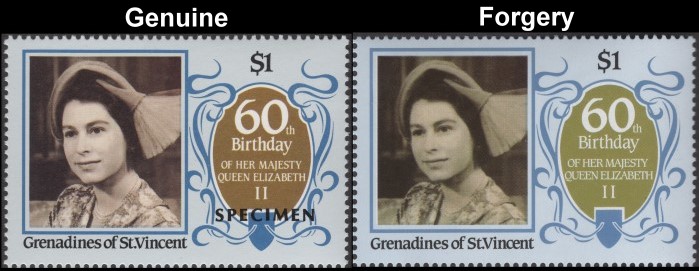 Saint Vincent Grenadines 1986 60th Birthday of Queen Elizabeth II $1 Forgery with Genuine $1 Stamp Comparison