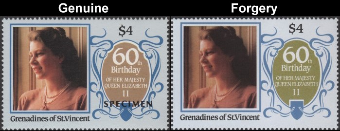 Saint Vincent Grenadines 1986 60th Birthday of Queen Elizabeth II $4 Forgery with Genuine $4 Stamp Comparison