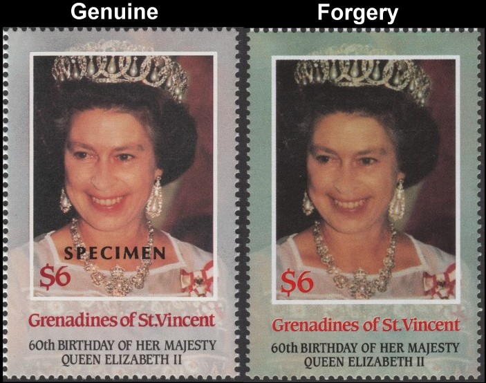 Saint Vincent Grenadines 1986 60th Birthday of Queen Elizabeth II $6 Forgery with Genuine $6 Stamp Comparison