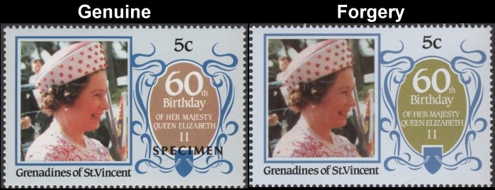 Saint Vincent Grenadines 1986 60th Birthday of Queen Elizabeth II 5c Forgery with Genuine 5c Stamp Comparison