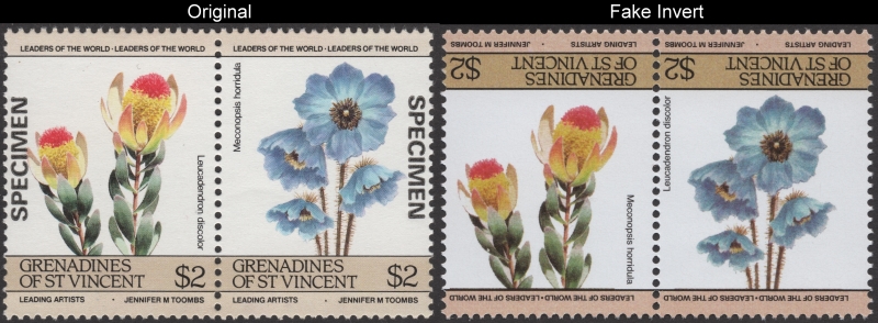 1985 Flowers Fake invert with Original $2 Stamp Comparison