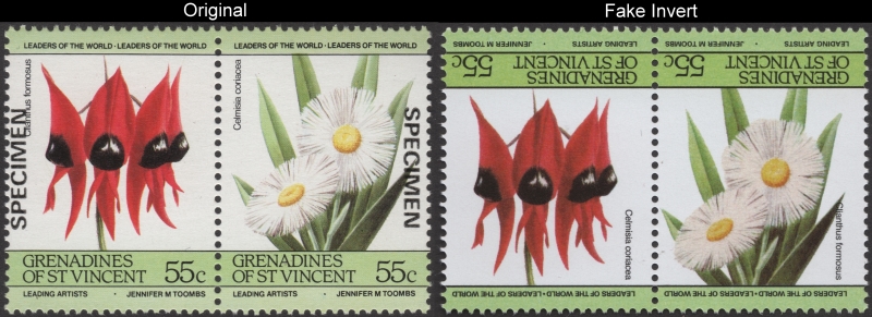 1985 Flowers Fake invert with Original 55c Stamp Comparison