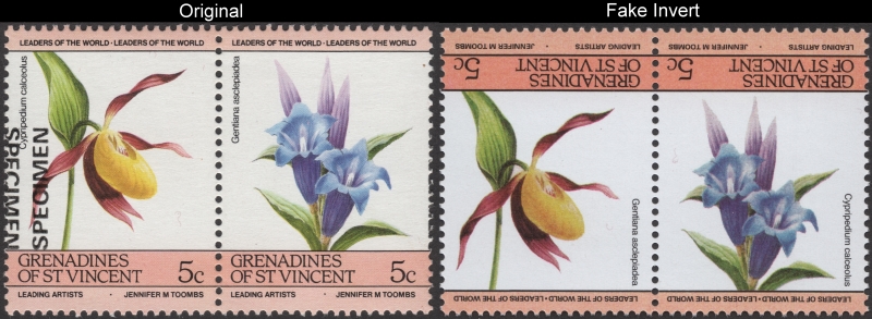 1985 Flowers Fake invert with Original 5c Stamp Comparison