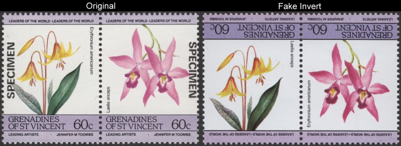 1985 Flowers Fake invert with Original 60c Stamp Comparison
