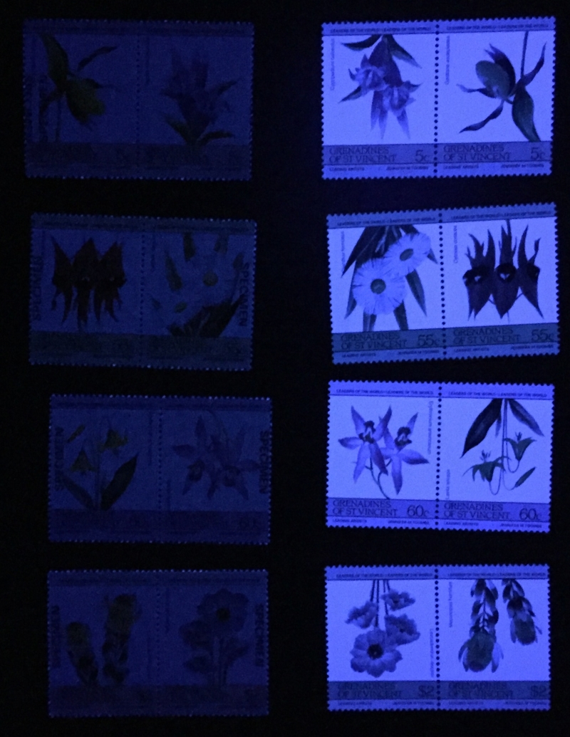Saint Vincent Grenadines 1985 Leaders of the World Flowers Comparison of Forgeries with Genuine Stamps Under Ultra-violet Light