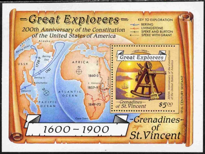 1988 Explorers $5 Souvenir Sheet Proof with Perforations Missing on Right Side