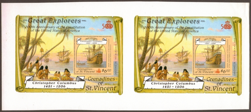 1988 Explorers Unissued (changed colors) $6 Horizontal Souvenir Sheet Proof Pair with Perforations Missing on Right Side
