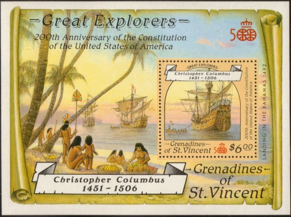 1988 Explorers Unissued (changed colors) $6 Souvenir Sheet Proof with Perforations Missing on Right Side