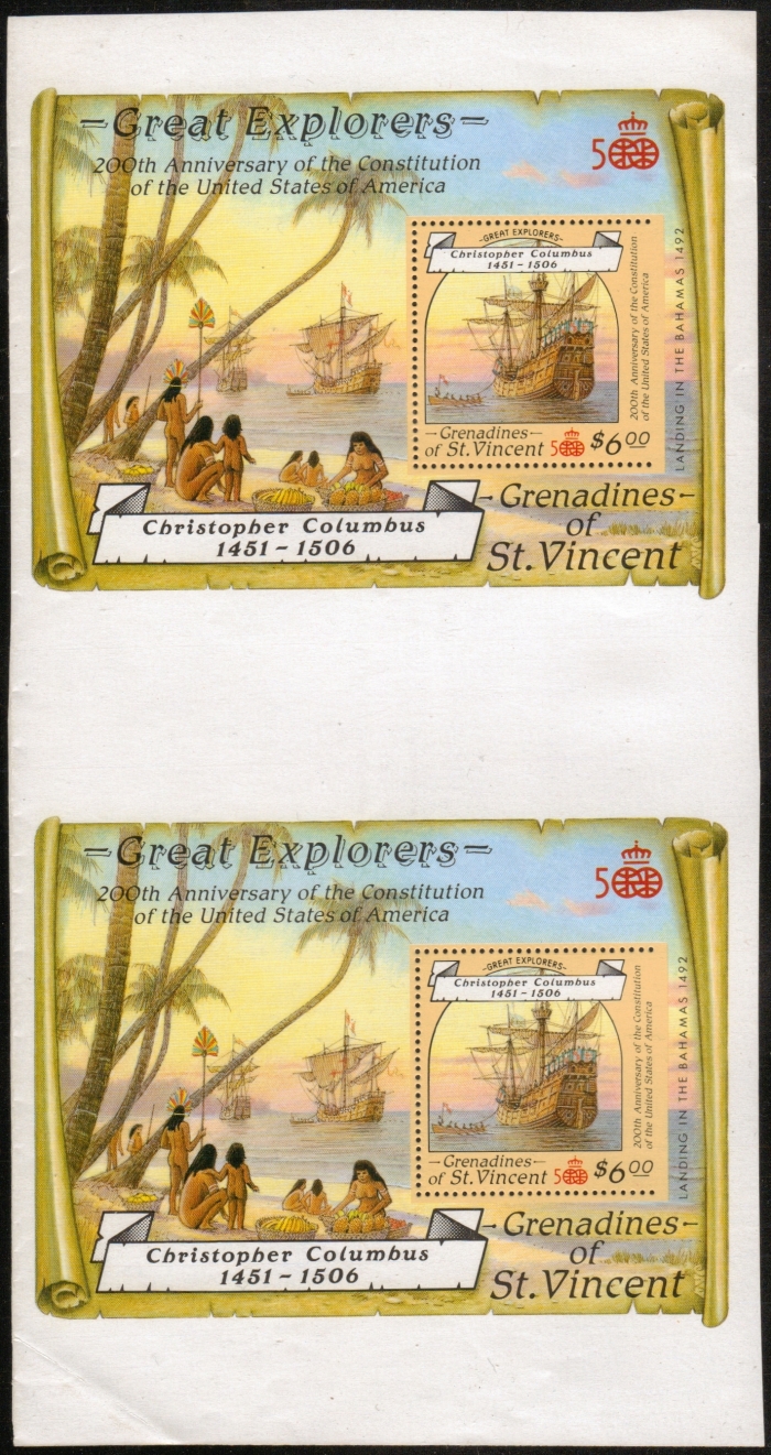 1988 Explorers Unissued (changed colors) $6 Vertical Souvenir Sheet Proof Pair with Perforations Missing on Right Side