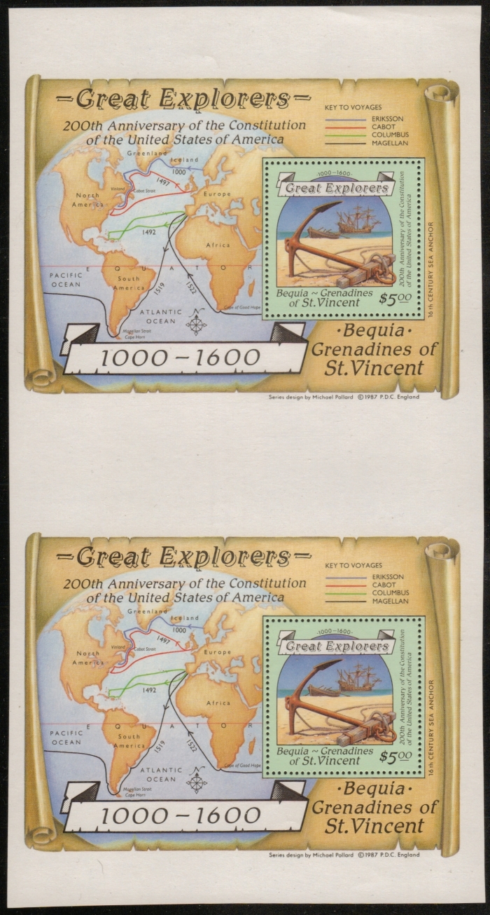 1988 Explorers $5.00 Souvenir Sheet Proof Pair with Perforations All Around