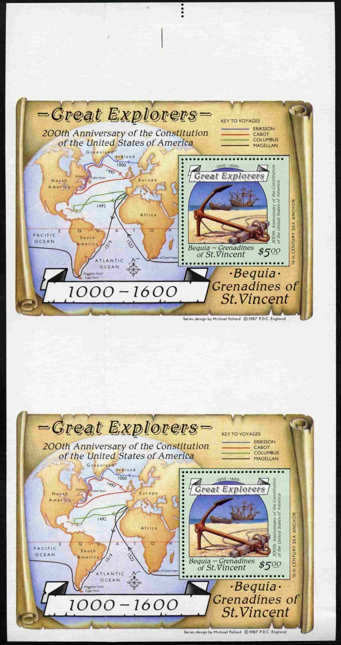 1988 Explorers $5.00 Souvenir Sheet Proof Pair with Perforations Missing on the Right