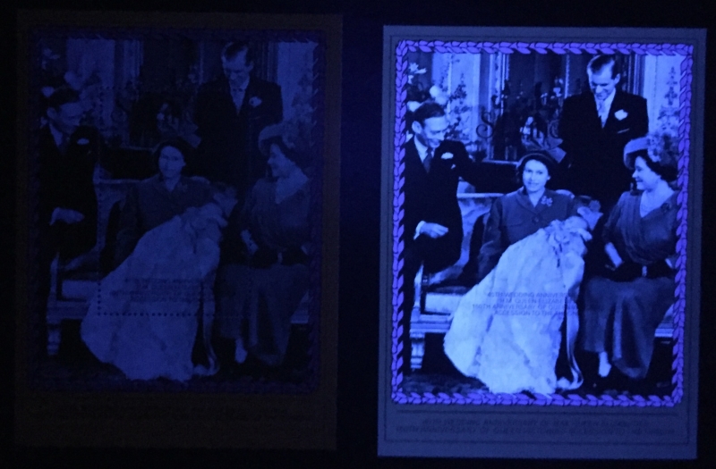 Saint Vincent 1987 40th Wedding Anniversary Royal Family Portraits Comparison of the Imperforate Souvenir Sheet Forgery with Genuine Souvenir Sheet Under Ultra-violet Light