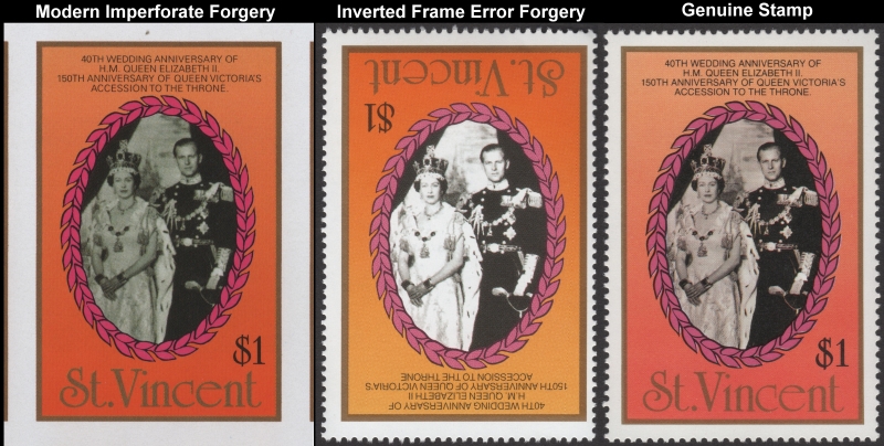 1987 Royal Ruby Wedding Comparison of Imperforate and Inverted $1 Forgeries Compared with Genuine Stamp