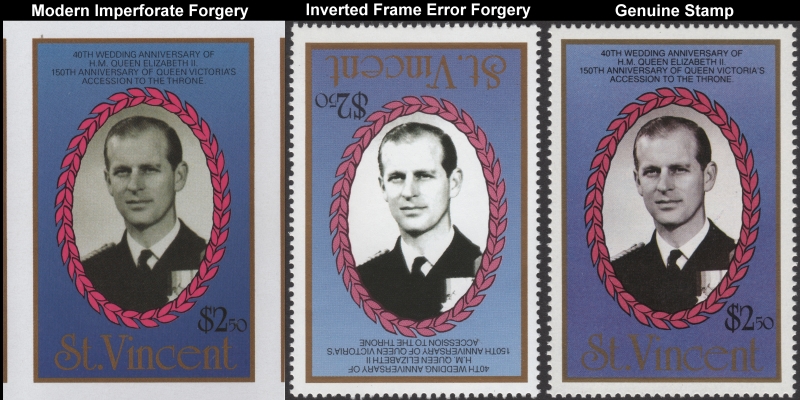 1987 Royal Ruby Wedding Comparison of Imperforate and Inverted $2.50 Forgeries Compared with Genuine Stamp