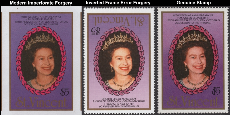 1987 Royal Ruby Wedding Comparison of Imperforate and Inverted $5 Forgeries Compared with Genuine Stamp
