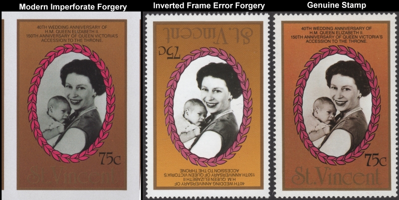 1987 Royal Ruby Wedding Comparison of Imperforate and Inverted 75c Forgeries Compared with Genuine Stamp