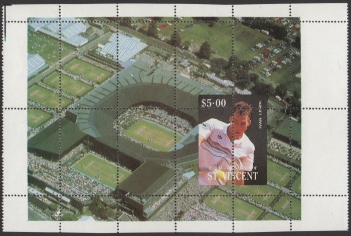 1988 Saint Vincent Bequia Tennis Players Souvenir Sheet with Perforation Error and Missing Color Error