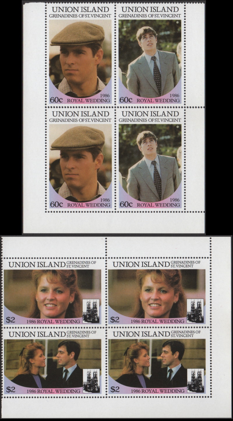 Union Island 1986 Royal Wedding Forgery Stamp Blocks