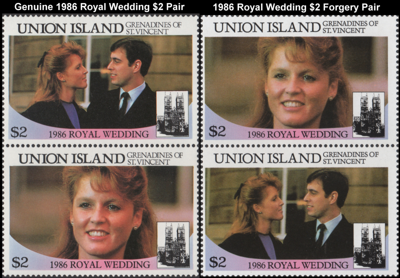 Union Island 1986 Royal Wedding Fake with Original $2 Stamp Pair Comparison
