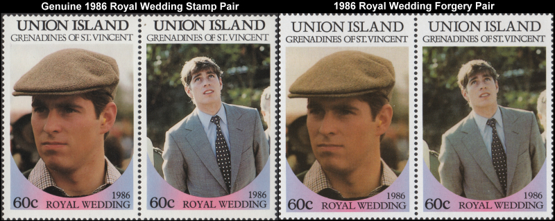 Union Island 1986 Royal Wedding Fake with Original 60c Stamp Pair Comparison
