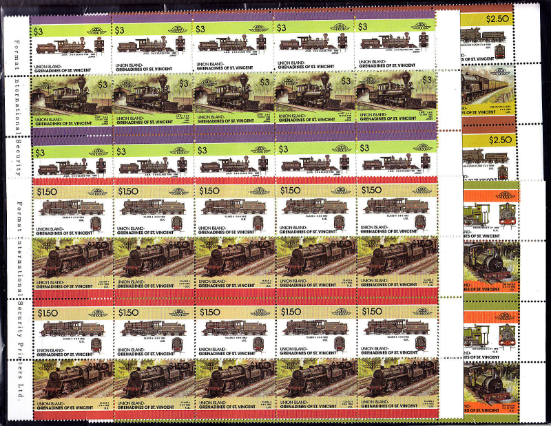Saint Vincent Union Island 1986 Leaders of the World Locomotives 4th Series Forgery Part Pane Set Sold on Ebay