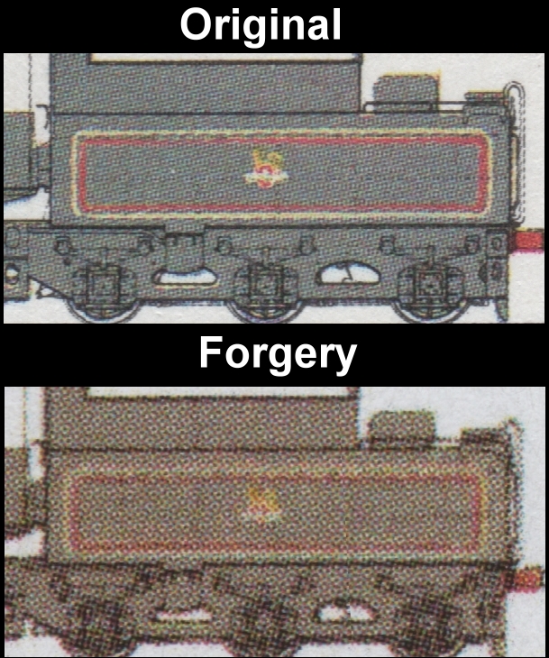 Saint Vincent Union Island 1986 Locomotives $1.50 Fake with Original Comparison of the Coal Car on the Detail Drawing