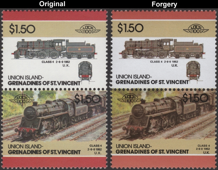 Saint Vincent Union Island 1986 Locomotives Class 4 Fake with Original $1.50 Stamp Comparison