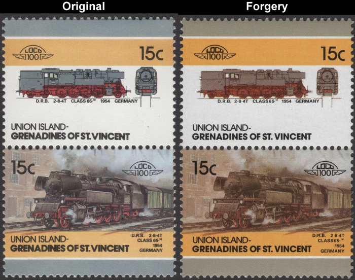 Saint Vincent Union Island 1986 Locomotives Class 65.10 Fake with Original 15c Stamp Comparison