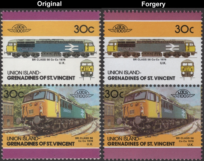 Saint Vincent Union Island 1986 Locomotives Class 56 Fake with Original 30c Stamp Comparison