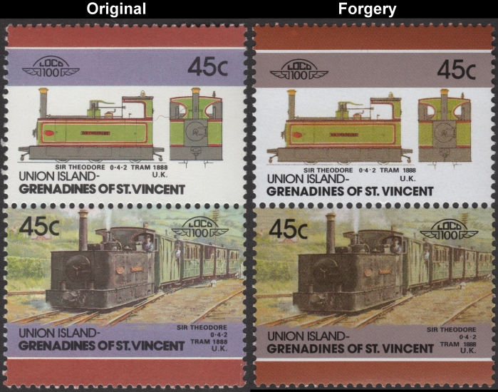 Saint Vincent Union Island 1986 Locomotives Sir Theodore Fake with Original 45c Stamp Comparison