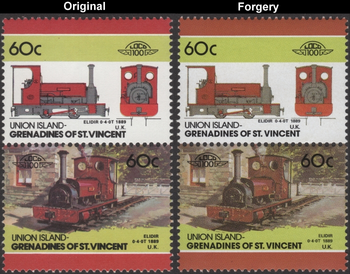 Saint Vincent Union Island 1986 Locomotives Elidir Fake with Original 60c Stamp Comparison