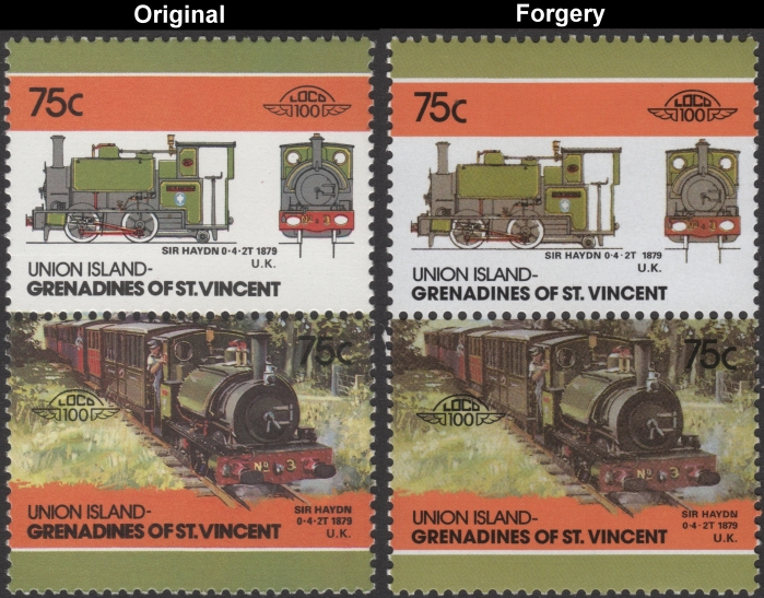 Saint Vincent Union Island 1986 Locomotives Sir Haydn Fake with Original 75c Stamp Comparison