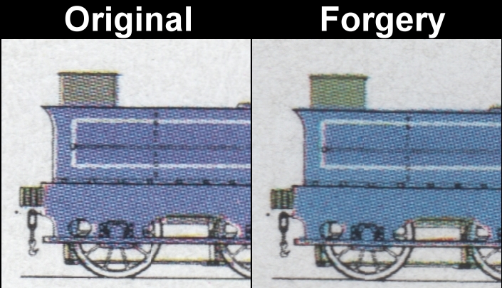 Saint Vincent Union Island 1986 Locomotives 75c Fake with Original Comparison of the Coal Car on the Detail Drawing