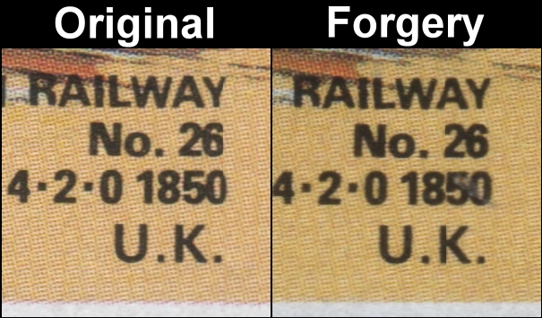 Saint Vincent Union Island 1986 Locomotives 75c Fake with Original Comparison of the Fonts