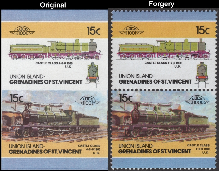 Saint Vincent Union Island 1986 Locomotives Castle Class Fake with Original 15c Stamp Comparison