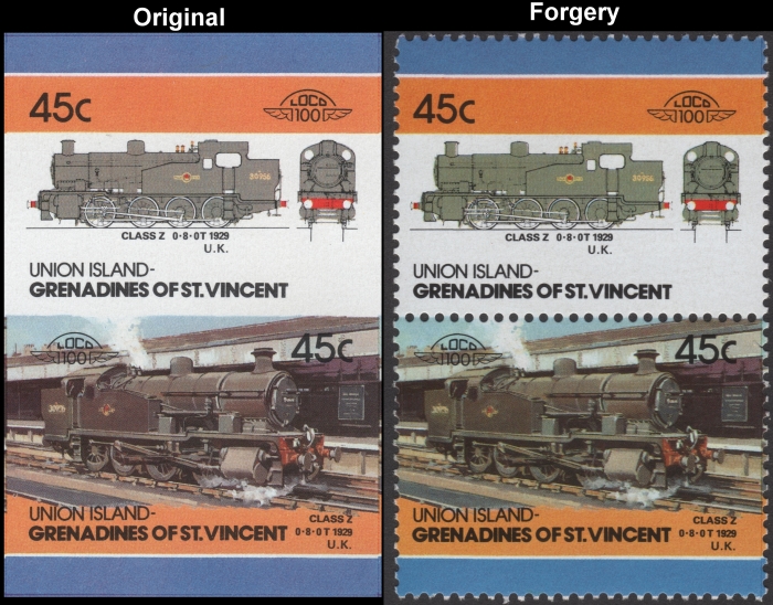 Saint Vincent Union Island 1986 Locomotives Class Z Fake with Original 45c Stamp Comparison