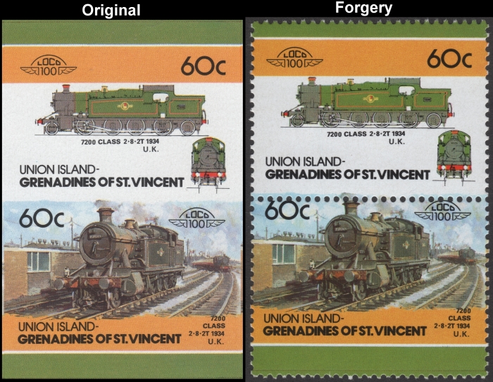 Saint Vincent Union Island 1986 Locomotives 7200 Class Fake with Original 60c Stamp Comparison
