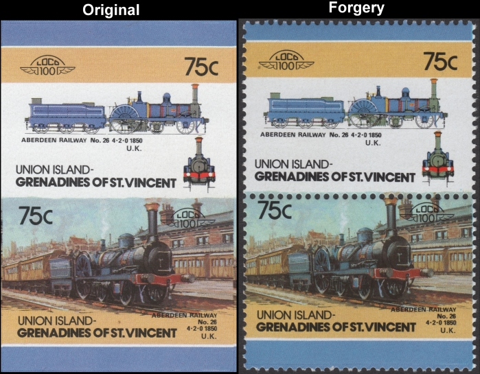 Saint Vincent Union Island 1986 Locomotives Aberdeen Railway No. 26 Fake with Original 75c Stamp Comparison