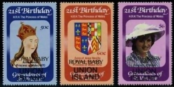 1982 21st Birthday of Princess Diana Overprinted ROYAL BABY UNION ISLAND Stamps