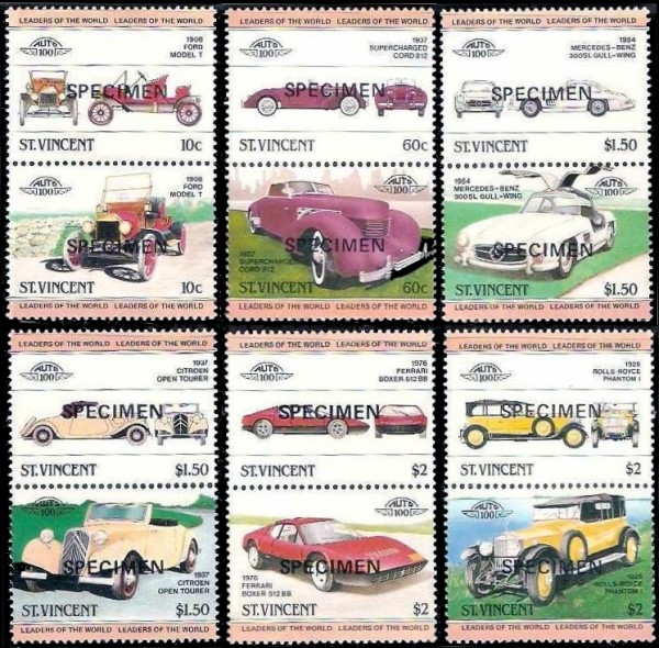 1983 Leaders of the World 1st Series Automobiles Specimen Stamps
