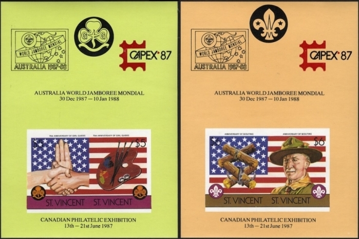 1986 75th Anniversary of Girl Guides Movement and Boy Scouts of America Unissued Capex 87 and Australia Stamps Imperforate Proof Souvenir Sheets