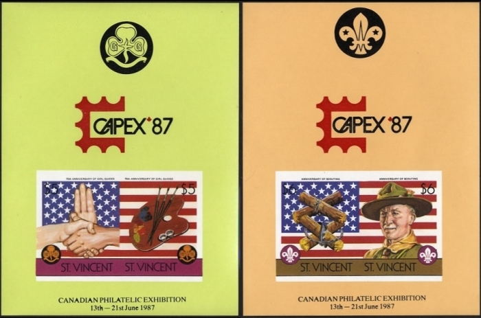 1986 75th Anniversary of Girl Guides Movement and Boy Scouts of America Unissued Capex 87 Imperforate Proof Souvenir Sheets