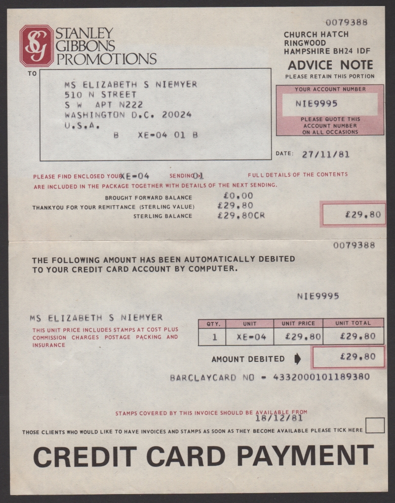 Invoice for Stanley Gibbons Promotions XE-04