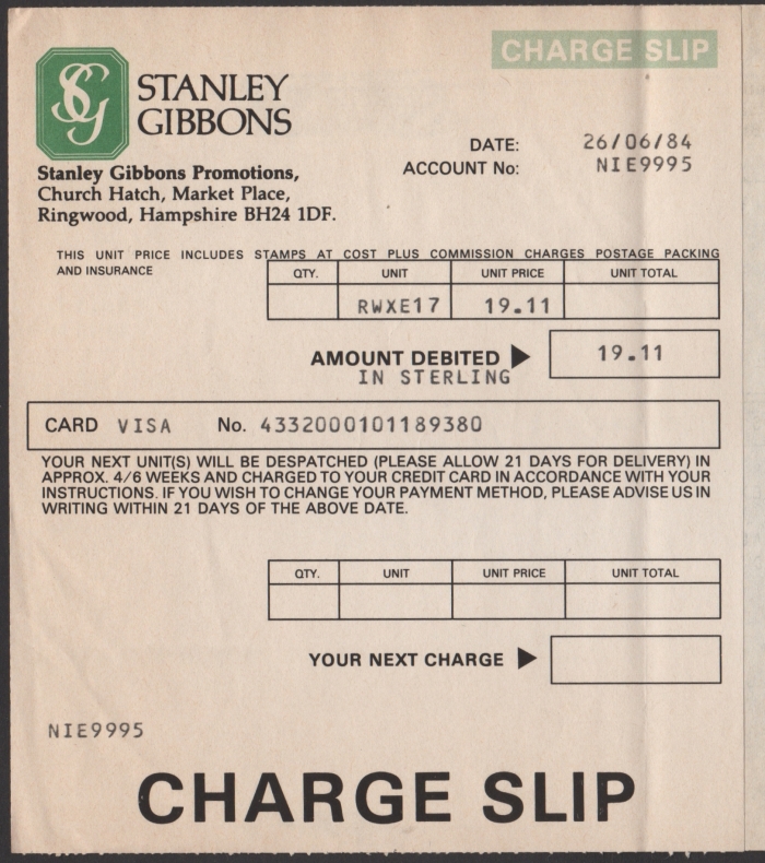 Invoice for Stanley Gibbons Promotions RWXE-17