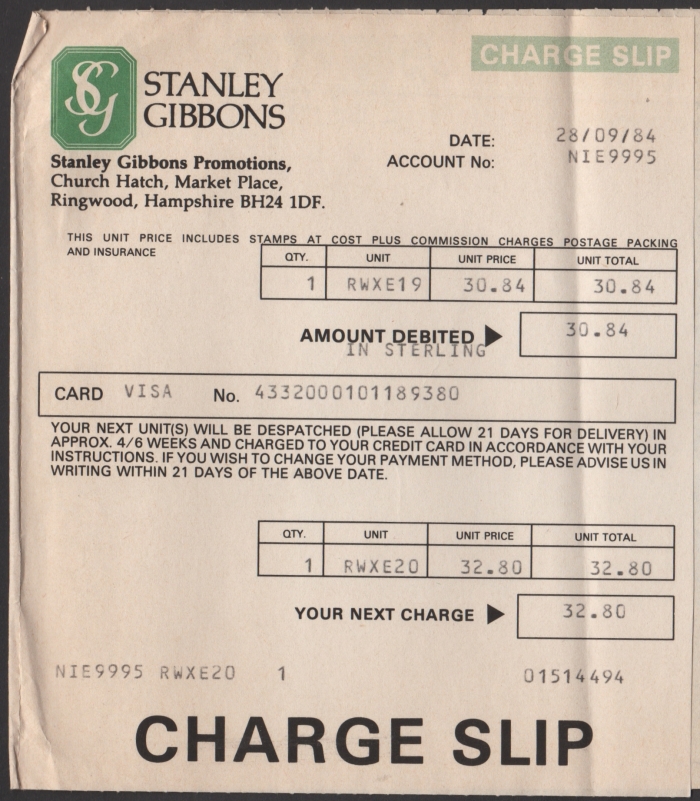 Invoice for Stanley Gibbons Promotions RWXE-19