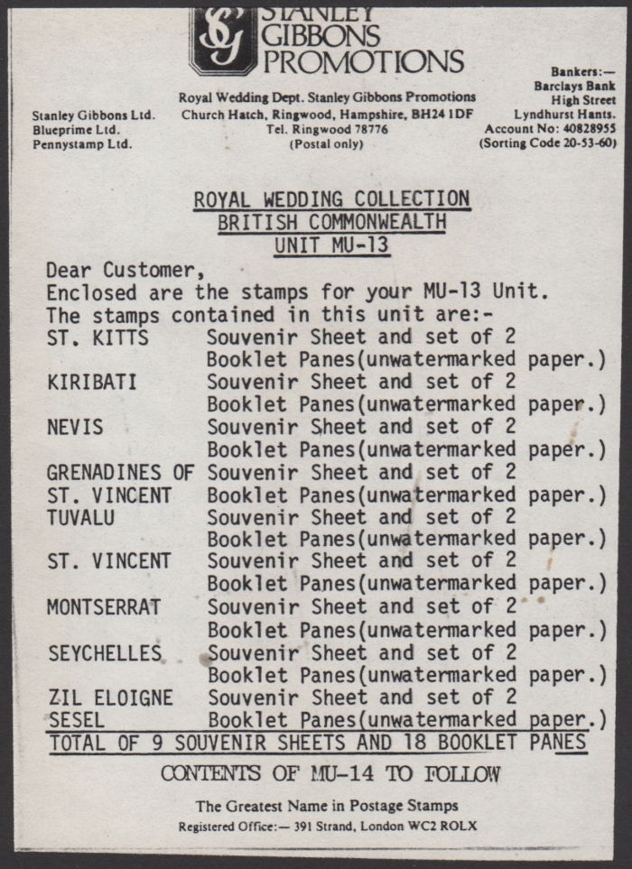 Invoice Description of Contents for Stanley Gibbons Promotions MU-13