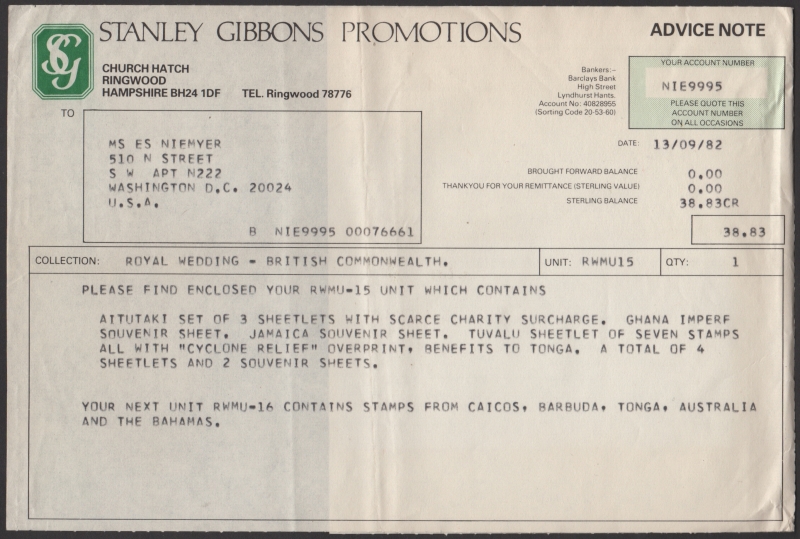 Invoice Description of Contents for Stanley Gibbons Promotions RWMU-15